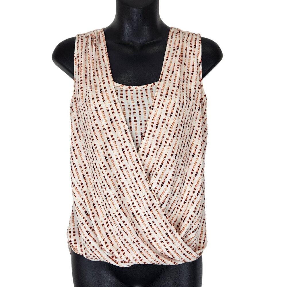 White House Black Market Drape Front Sleeveless Blouse Size 0 Red Cream Stretch